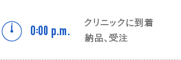 0:00p.m. クリニックに到着 納品、受注