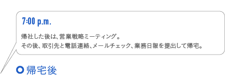 7:00p.m. 帰社した後は、営業戦略ミーティング。その後、取引先と電話連絡、メールチェック、業務日報を提出して帰宅。